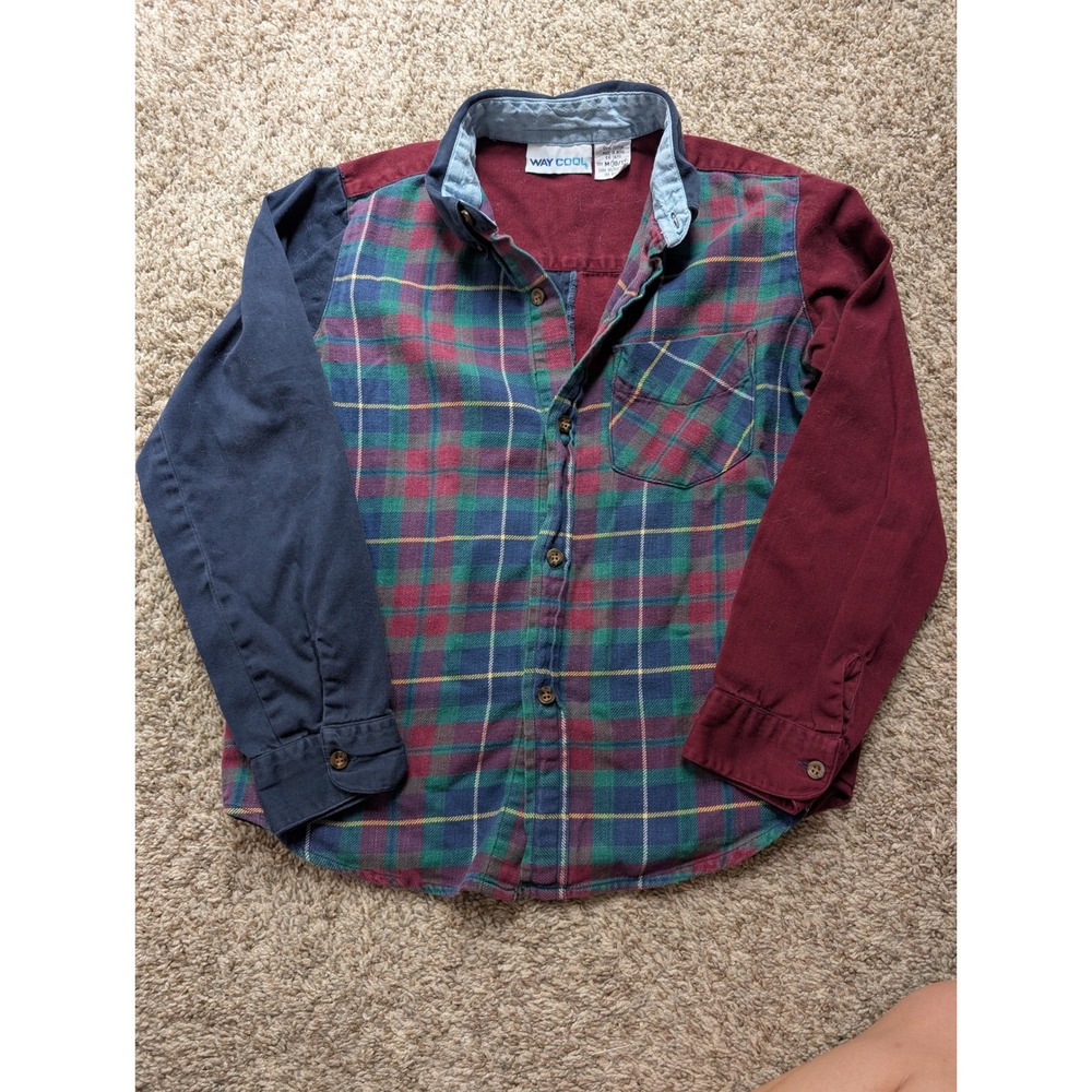 Way Cool Vtg 90s Kids Colorblock Flannel Plaid Button Down Shirt M 10/12 Country